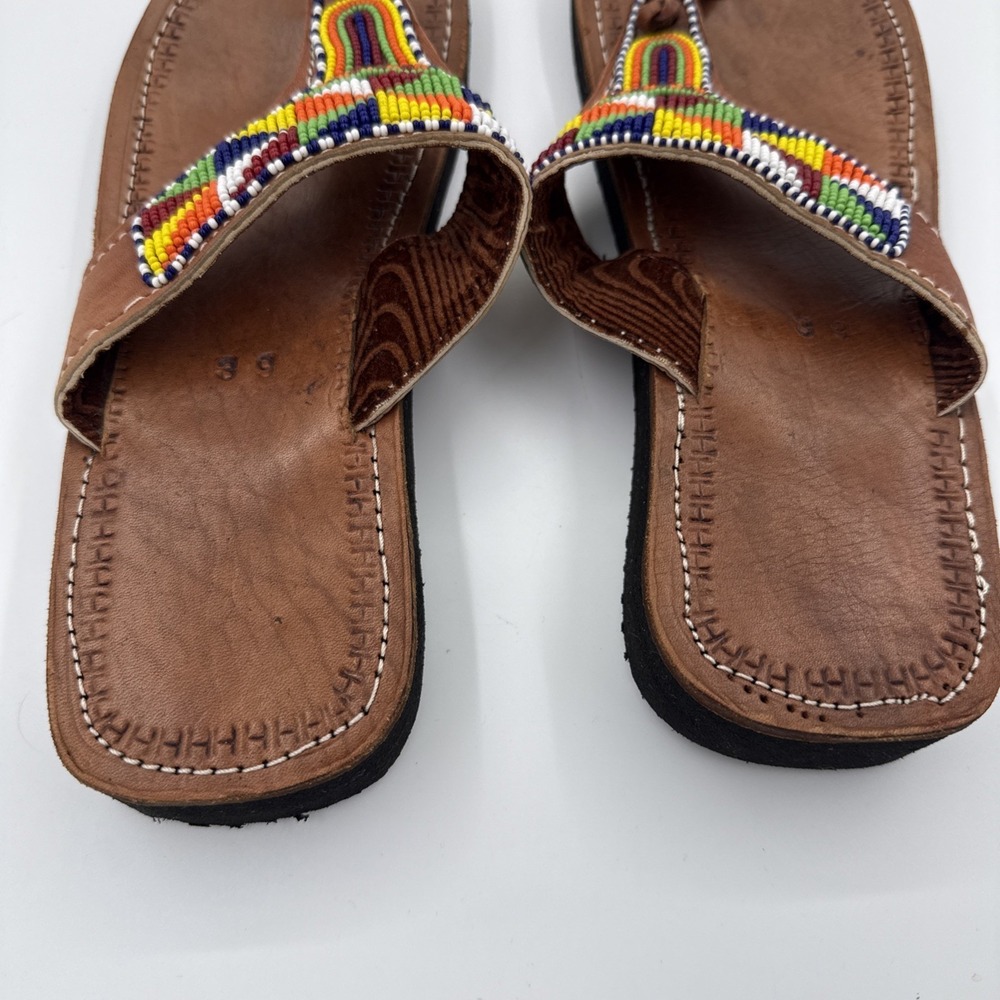 Handcrafted Multi-Color Beaded Leather Sandals Size 39 US 8 8.5 - Picture 4 of 5